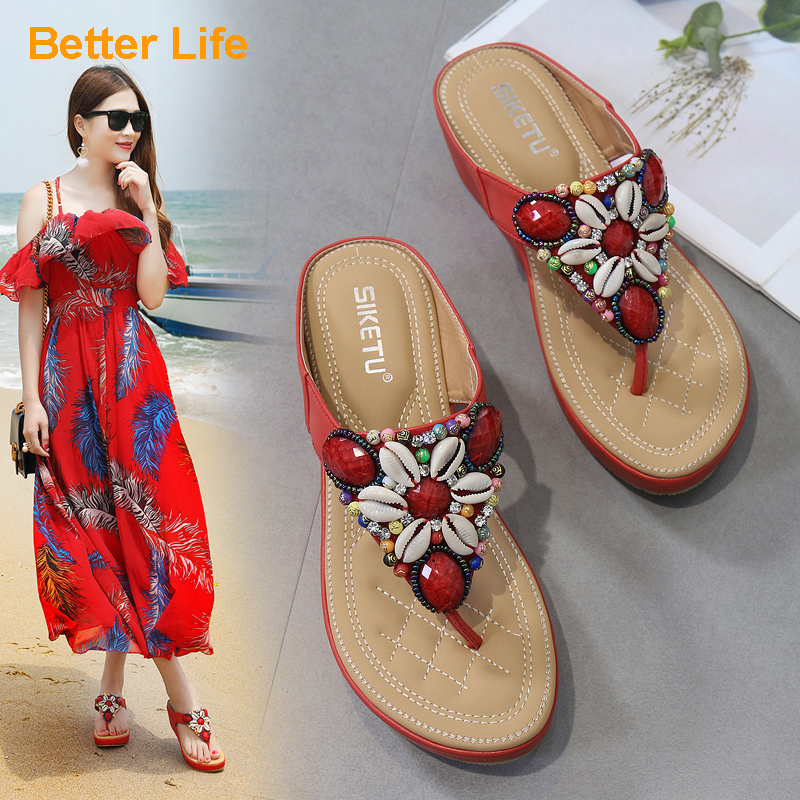 Women&apos;s Wedges Ethnic Sandals Slippers Bohemia Bead Shoes Beach Platforms Beading Flop Flips