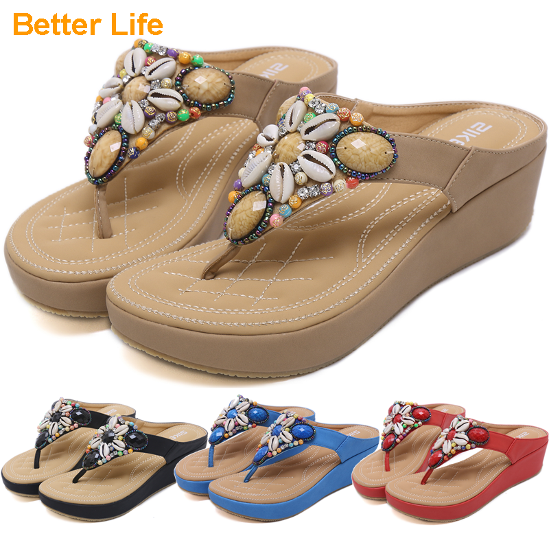 Women&apos;s Wedges Ethnic Sandals Slippers Bohemia Bead Shoes Beach Platforms Beading Flop Flips