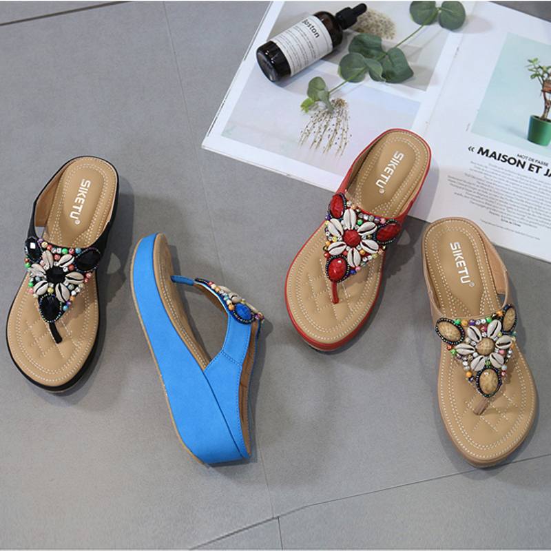 Women&apos;s Wedges Ethnic Sandals Slippers Bohemia Bead Shoes Beach Platforms Beading Flop Flips