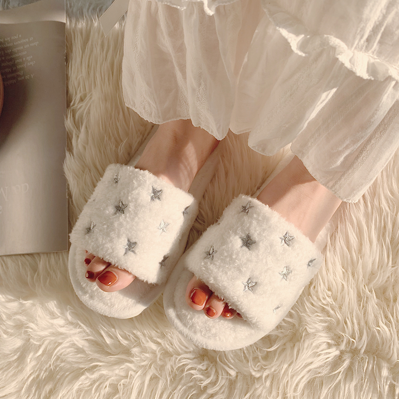 Fluffy Open Toe Winter Slippers Stars Cotton House Anti Slip Light Comfy Bedroom Indoor Slippers