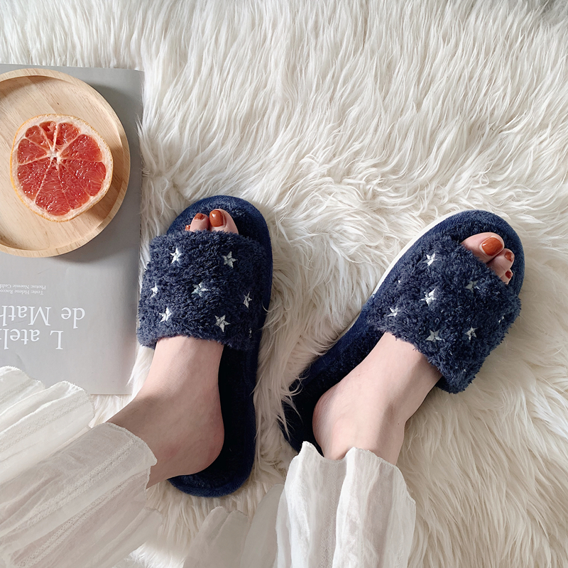 Fluffy Open Toe Winter Slippers Stars Cotton House Anti Slip Light Comfy Bedroom Indoor Slippers
