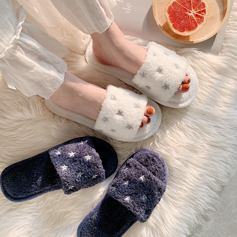 Fluffy Open Toe Winter Slippers Stars Cotton House Anti Slip Light Comfy Bedroom Indoor Slippers
