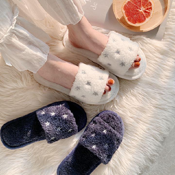 Fluffy Open Toe Winter Slippers Stars Cotton House Anti Slip Light Comfy Bedroom Indoor Slippers