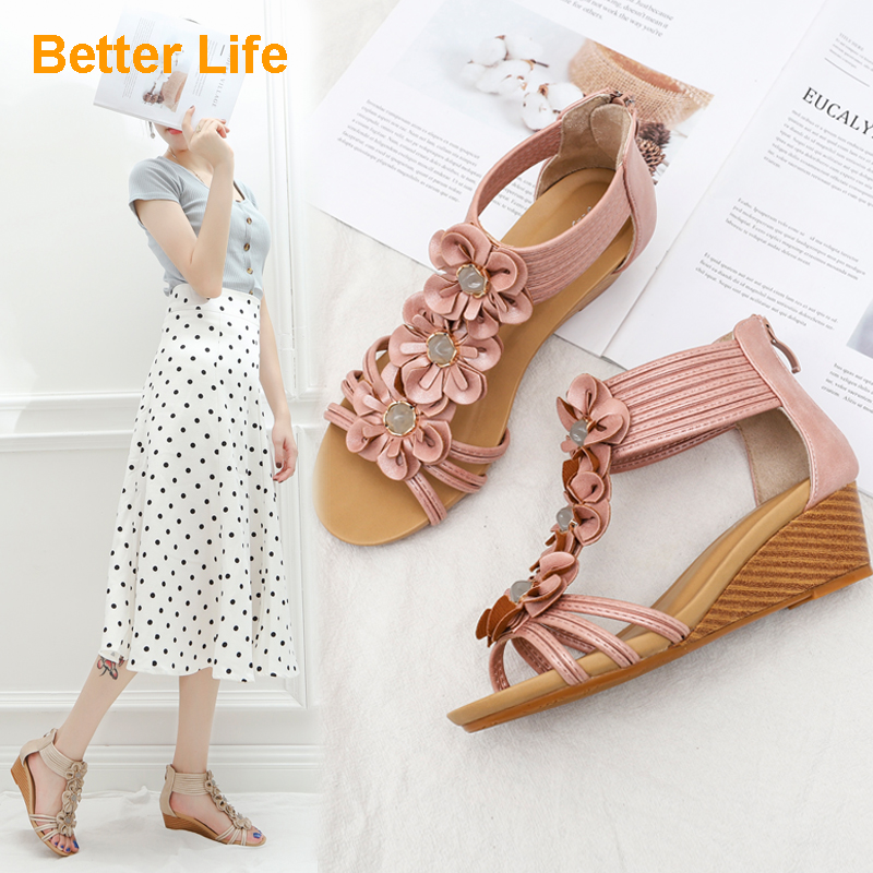 Fashion Ladies Wedge Maasai Sandals Open Toe Ankle Strap Mid Heels Roman Zipper Dinner Shoes Bohemia Ladies Shoes Popluar Hot Sale