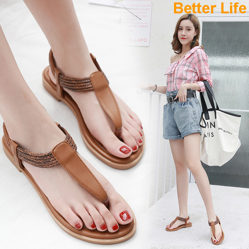 35-42 Leather Sandals Women Soft Flat Beach Party Low Sole Women Basic Shoes Daily Office Wear Basic Sandals Comfy Ladies Shoes On Sale Cheaper Elastic Band Clip Toe Fungus Sandals