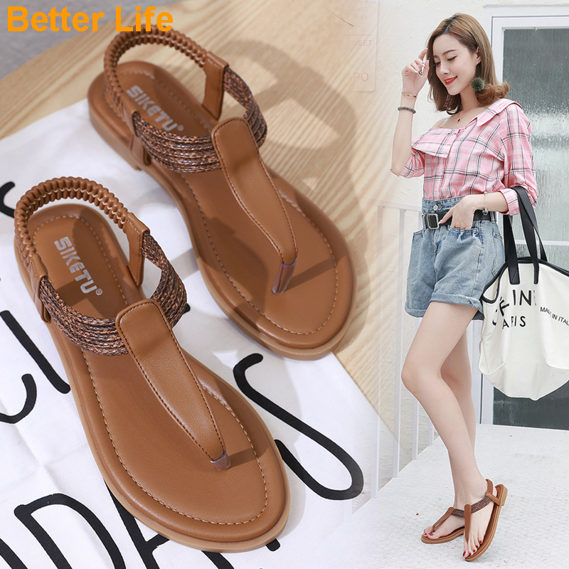 35-42 Leather Sandals Women Soft Flat Beach Party Low Sole Women Basic Shoes Daily Office Wear Basic Sandals Comfy Ladies Shoes On Sale Cheaper Elastic Band Clip Toe Fungus Sandals