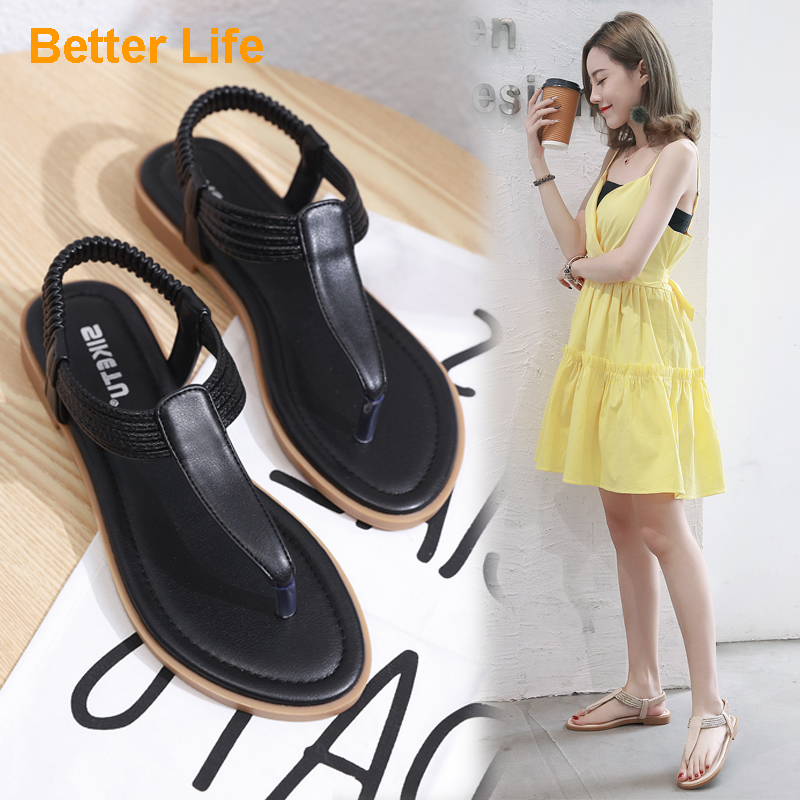 35-42 Leather Sandals Women Soft Flat Beach Party Low Sole Women Basic Shoes Daily Office Wear Basic Sandals Comfy Ladies Shoes On Sale Cheaper Elastic Band Clip Toe Fungus Sandals