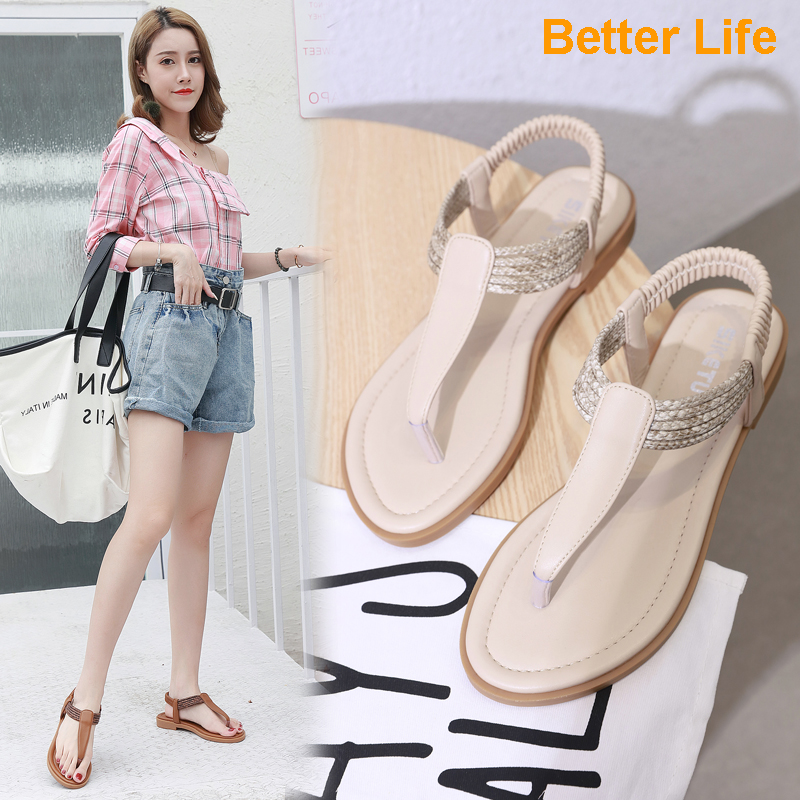 35-42 Leather Sandals Women Soft Flat Beach Party Low Sole Women Basic Shoes Daily Office Wear Basic Sandals Comfy Ladies Shoes On Sale Cheaper Elastic Band Clip Toe Fungus Sandals