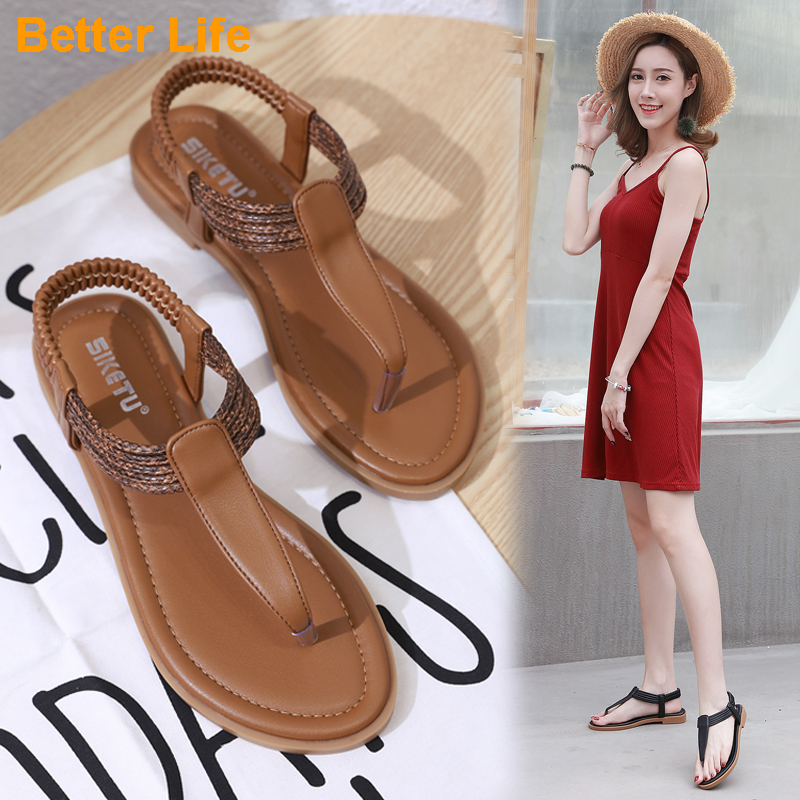 35-42 Leather Sandals Women Soft Flat Beach Party Low Sole Women Basic Shoes Daily Office Wear Basic Sandals Comfy Ladies Shoes On Sale Cheaper Elastic Band Clip Toe Fungus Sandals