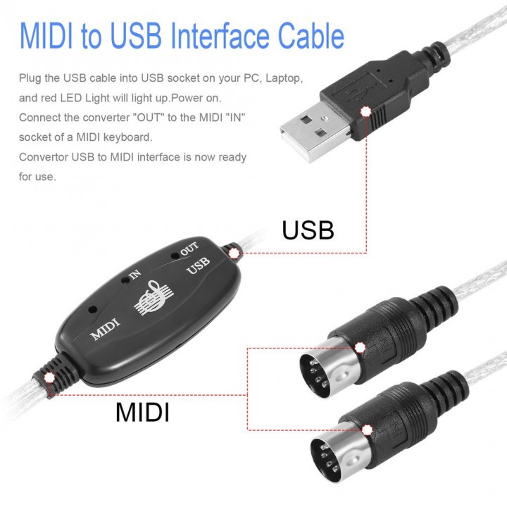 MIDI To USB Interface Cable Adapter For Music Keyboard Cord