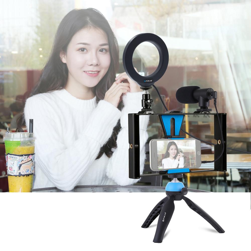 4 in 1 Vlogging Live Broadcast Smartphone Video Rig  4.6 inch Ring LED Video Light Microphone Tripod