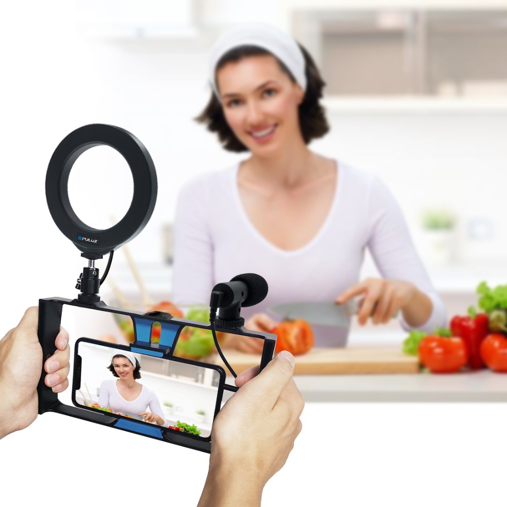 4 in 1 Vlogging Live Broadcast Smartphone Video Rig  4.6 inch Ring LED Video Light Microphone Tripod