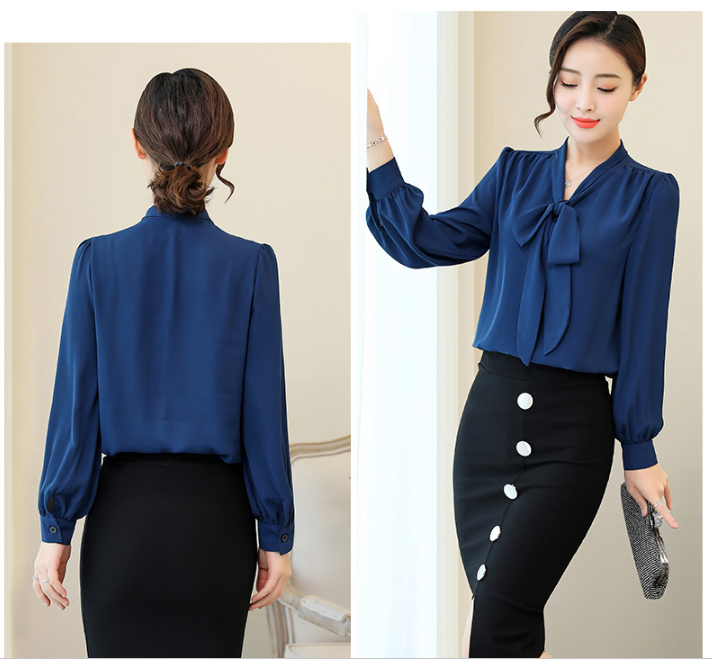 The new spring chiffon shirt for women&apos;s dress with bow-tie blouse is a fashionable thin shirt