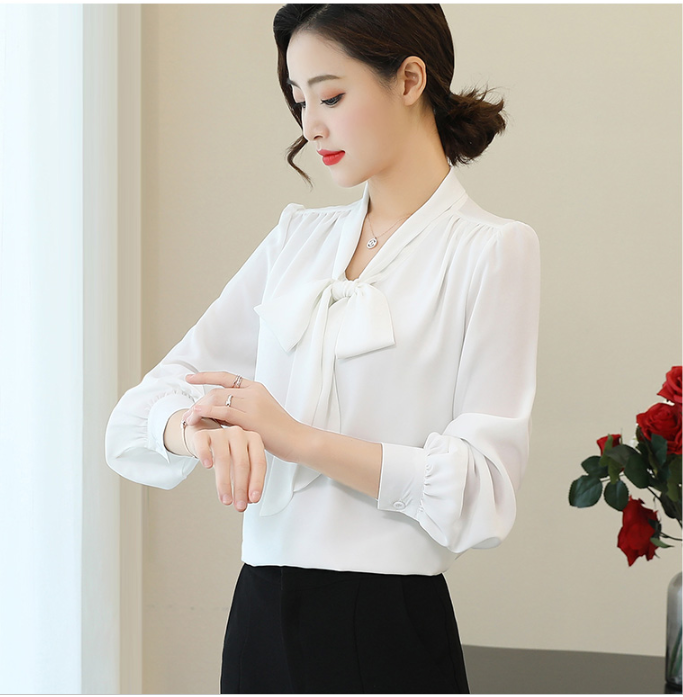 The new spring chiffon shirt for women&apos;s dress with bow-tie blouse is a fashionable thin shirt
