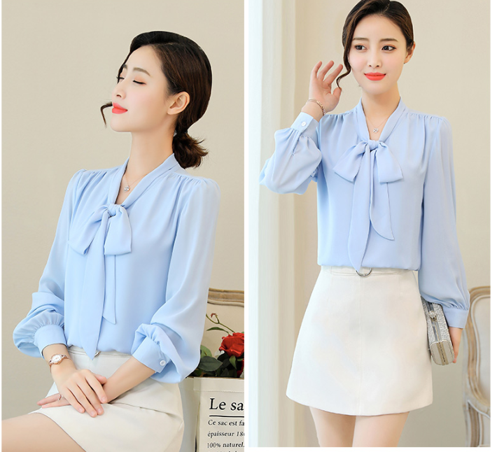 The new spring chiffon shirt for women&apos;s dress with bow-tie blouse is a fashionable thin shirt
