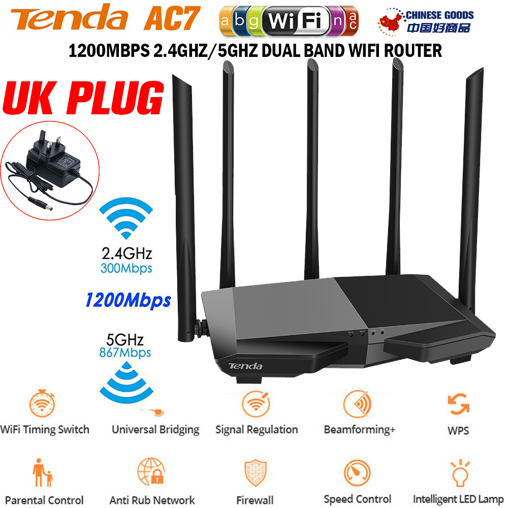 Tenda AC7 1200Mbps 2.4GHz/5GHz Dual Band WiFi Router,Wireless Repeater,1WAN+3LAN,5*6 dBi Antenna