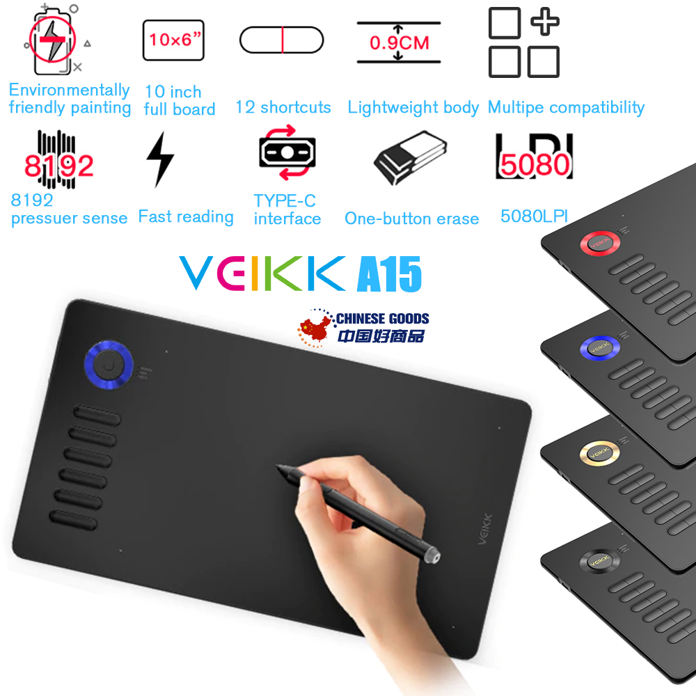 VEIKK A15 10x6 inch Digital Graphics Drawing Tablet,hand-painted tablet,with 8192 Levels Passive Pen