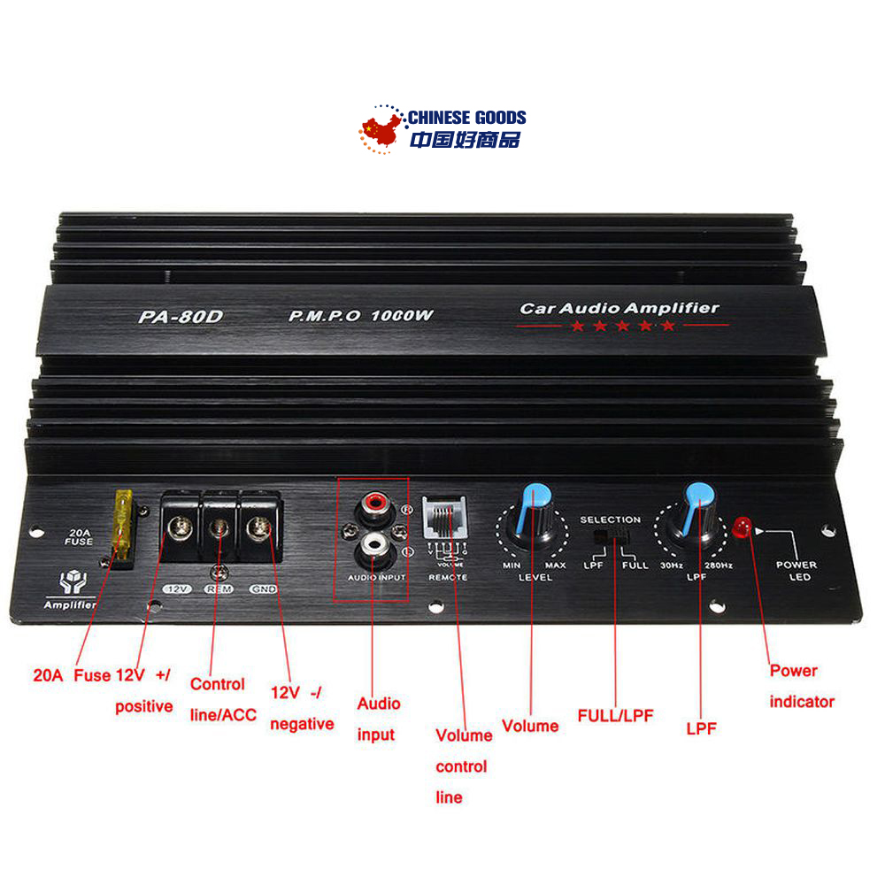 PA-80D 12V 1000W Power Mono Car Audio Amplifier,Subwoofer,Powerful Bass,for Car Modification