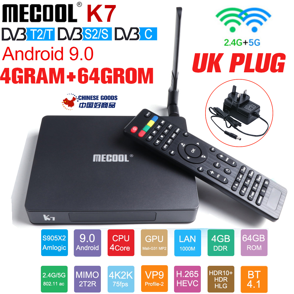 MECOOL K7 Android 9.0 DVB-T2/S2/C Tuners TV Box,TV Receiver,Quad Core,4G RAM/64G ROM,Dual Wifi,BT4.1