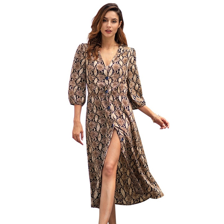 2019 New Women Snake Printed Long Dresses Empire Deep V,Neck Button Printed Dresses for Ladies xl khaki