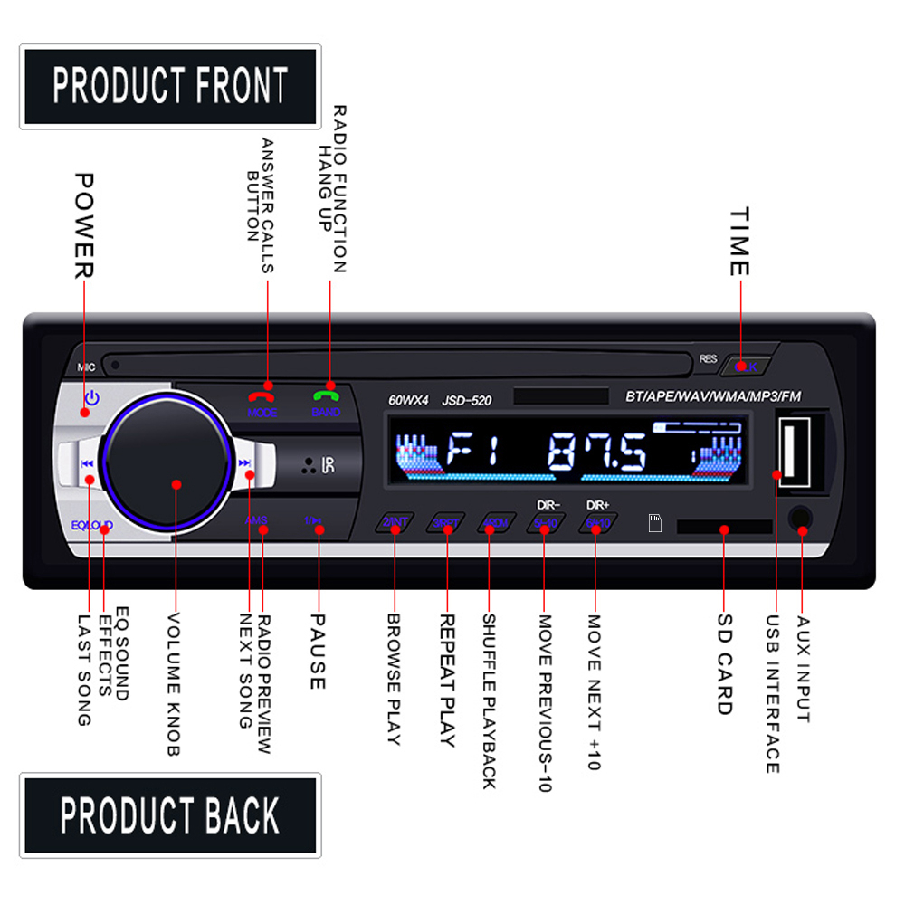 Bluetooth Autoradio Car Stereo Radio FM Receiver SD JSD-520 In-dash 1 din Car MP3 Multimedia Player