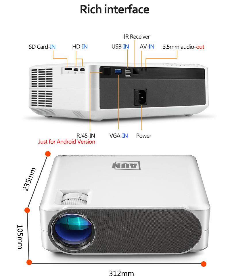 Full HD Projector 6800 Lumens 1920x1080P 3D 4K Home Cinema Android 6.0 WIFI VGA Video LED AUN AKEY6