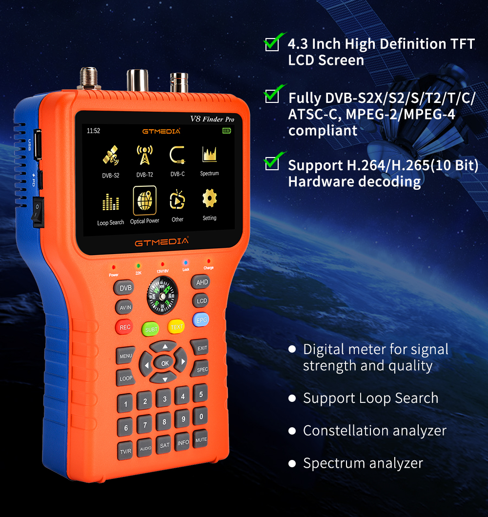 GTMEDIA V8 Finder Pro Satellite Signal Finder DVB-S2X/S2/S/T2/T/C/ATSC-C H.265 Auto Calculate Angle of AZ,EL  SatFinder Sat Decoder Location Finder Signal Receiver Youtube for USB wifi