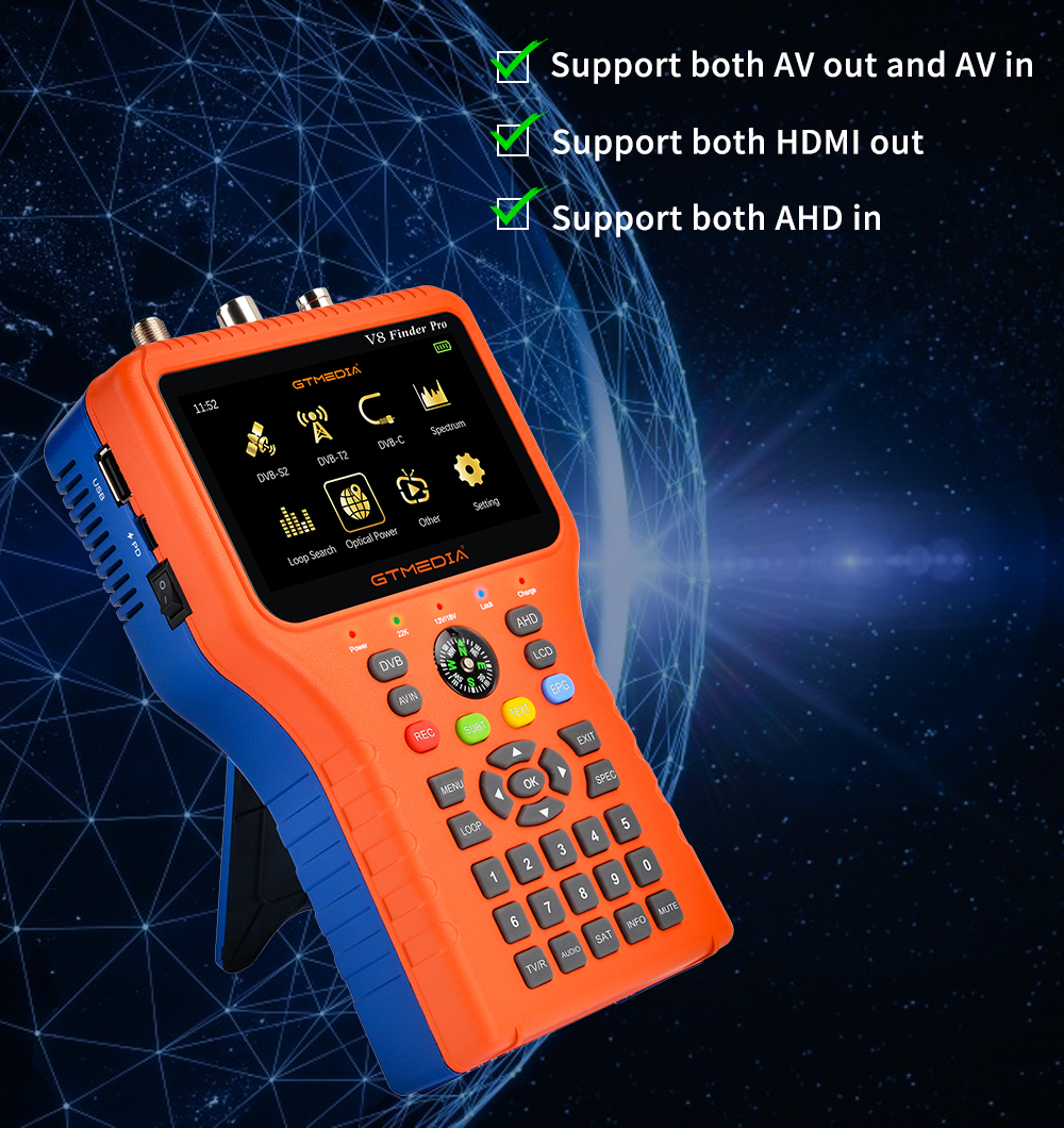 GTMEDIA V8 Finder Pro Satellite Signal Finder DVB-S2X/S2/S/T2/T/C/ATSC-C H.265 Auto Calculate Angle of AZ,EL  SatFinder Sat Decoder Location Finder Signal Receiver Youtube for USB wifi