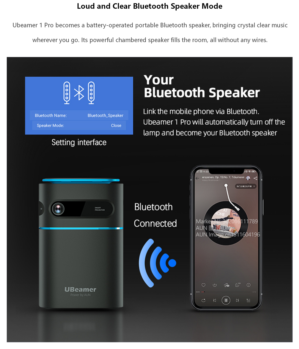 AUN MINI Laser Projector Android 9 Beamer Ubeamer 1 Pro 4K Video Projector Decode Home Theater Beam DLP Projector for Home Phone Portable Beamer 7000mAh