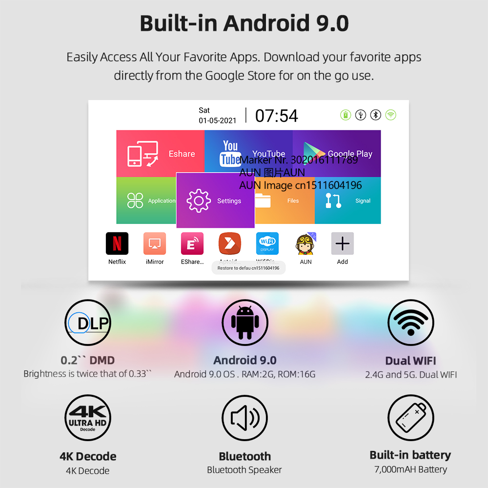 AUN MINI Laser Projector Android 9 Beamer Ubeamer 1 Pro 4K Video Projector Decode Home Theater Beam DLP Projector for Home Phone Portable Beamer 7000mAh