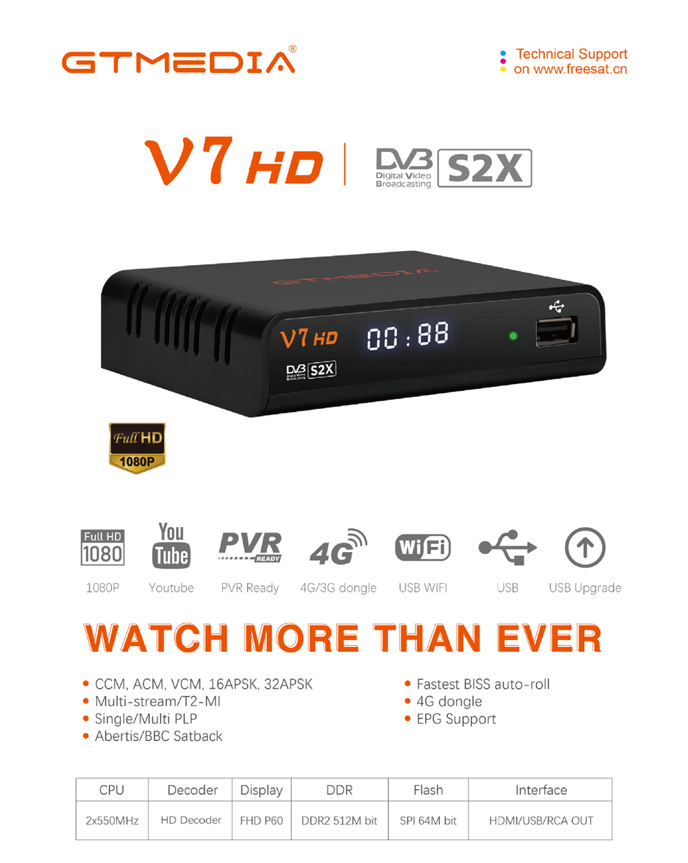 Gtmedia V7 HD freesat Satellite Receiver  DVB-S2 1080P DVB-S/S2/S2X FTA 1080P Gtmedia V7HD Digital Satellite decoder Receptor V7S2X Support PowerVu Biss Key USB WiFi