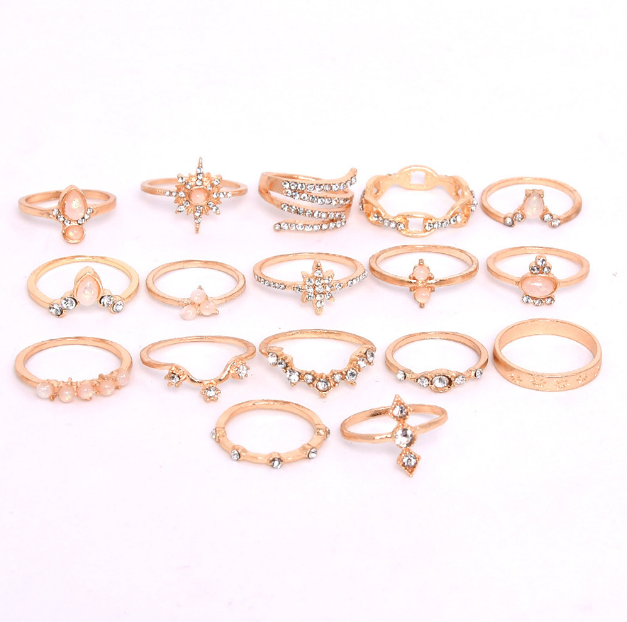 Fashion Lady Alloy ladies diamond crown sun hexagram ladies rings Jewellery 17 Pieces / set MMSHOP Amazon Hot Sale Gold as picture one size