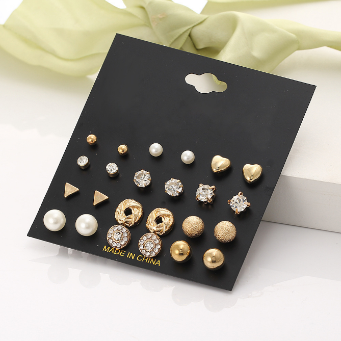 Fashion Lady Alloy Jewelry Love Cross Twist Ring Imitation Pearl Stud Earrings 6 Pieces / set  Jewellery MMSHOP Amazon Hot Sale Gold as picture