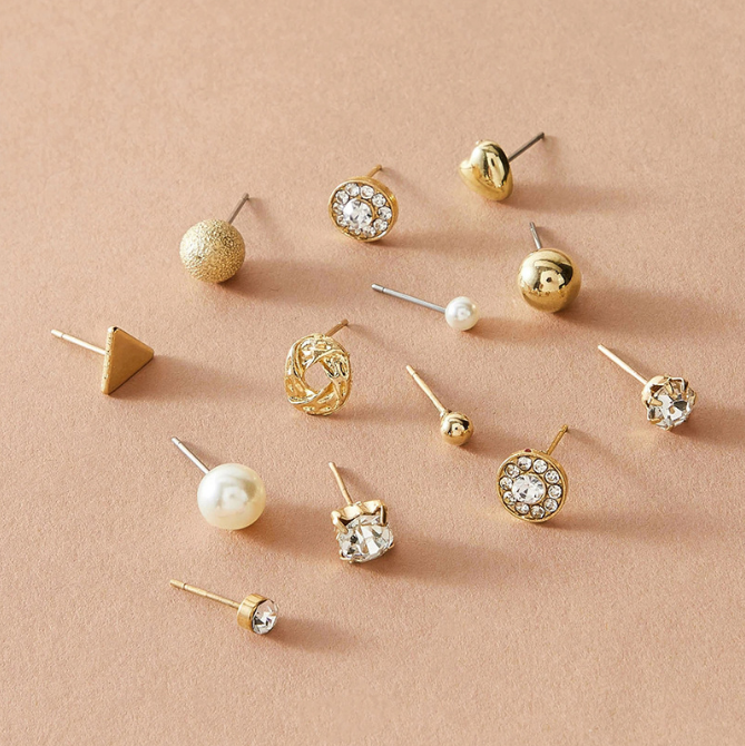 Fashion Lady Alloy Jewelry Love Cross Twist Ring Imitation Pearl Stud Earrings 6 Pieces / set  Jewellery MMSHOP Amazon Hot Sale Gold as picture