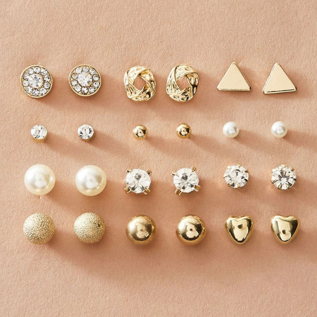 Fashion Lady Alloy Jewelry Love Cross Twist Ring Imitation Pearl Stud Earrings 6 Pieces / set  Jewellery MMSHOP Amazon Hot Sale Gold as picture