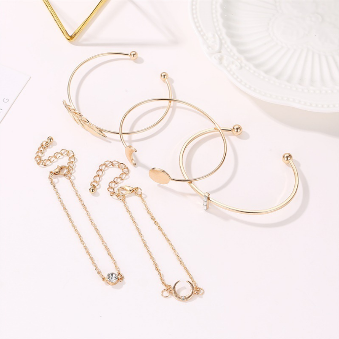 Fashion Lady Alloy Leaf Moon Open Bangle Bracelet Combination Jewellery MMSHOP Amazon Hot Sale 5 Pieces / set Gold as picture