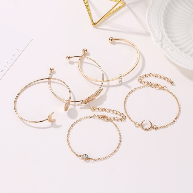 Fashion Lady Alloy Leaf Moon Open Bangle Bracelet Combination Jewellery MMSHOP Amazon Hot Sale 5 Pieces / set Gold as picture