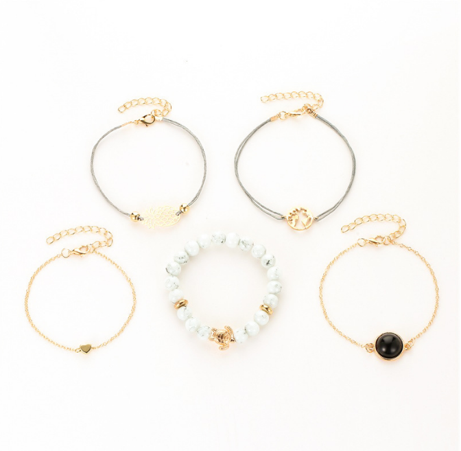 Fashion All-match Women's Alloy Pineapple Love Map Beaded Bracelet Jewellery MMSHOP Amazon Hot Sale 5 Pieces / set Gold as picture