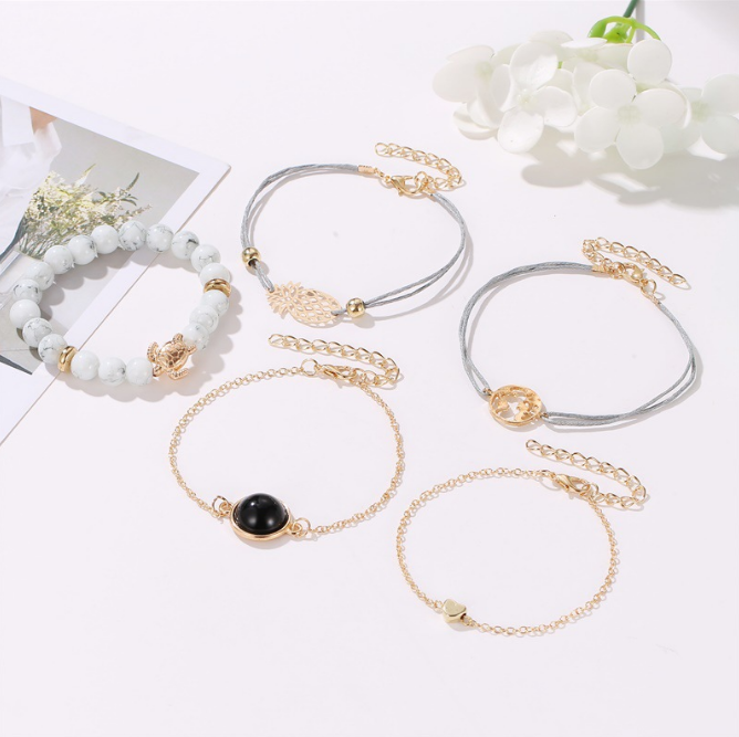 Fashion All-match Women's Alloy Pineapple Love Map Beaded Bracelet Jewellery MMSHOP Amazon Hot Sale 5 Pieces / set Gold as picture