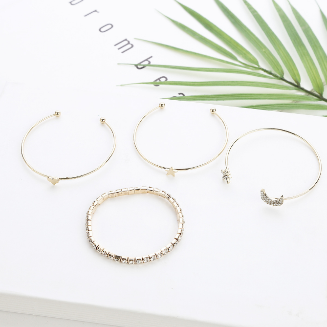 Ladies Diamond Pentagram Star Moon Heart Bracelet Open Bracelet Jewellery Fashion and Simple 4 Pieces / set MMSHOP Amazon hot style Gold as picture