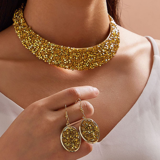Metal Full Rhinestone Fake Collar Necklace Earrings Necklaces & Pendants MMSHOP 2 pieces/set European and American Fashion  Gold as price