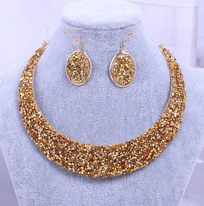 Metal Full Rhinestone Fake Collar Necklace Earrings Necklaces & Pendants MMSHOP 2 pieces/set European and American Fashion  Gold as price