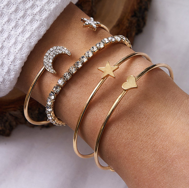 Ladies Diamond Pentagram Star Moon Heart Bracelet Open Bracelet Jewellery Fashion and Simple 4 Pieces / set MMSHOP Amazon hot style Gold as picture