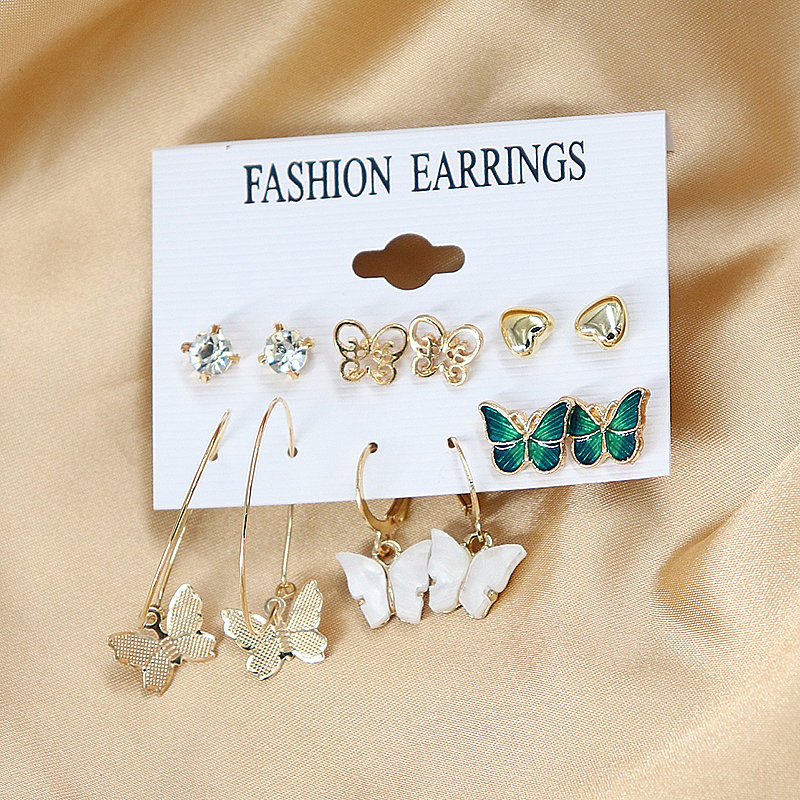 6 Pieces / set Jewelry Love Diamond Stud Earrings Butterfly Stud Earrings Gold Amazon Hot Selling as picture