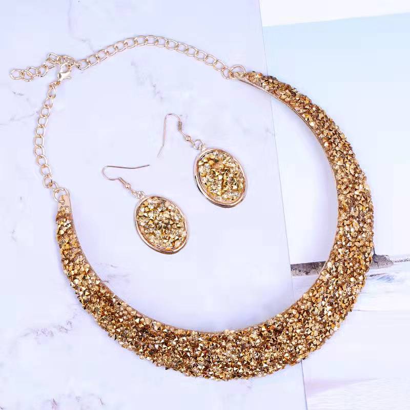 Metal Full Rhinestone Fake Collar Necklace Earrings Necklaces & Pendants MMSHOP 2 pieces/set European and American Fashion  Gold as price
