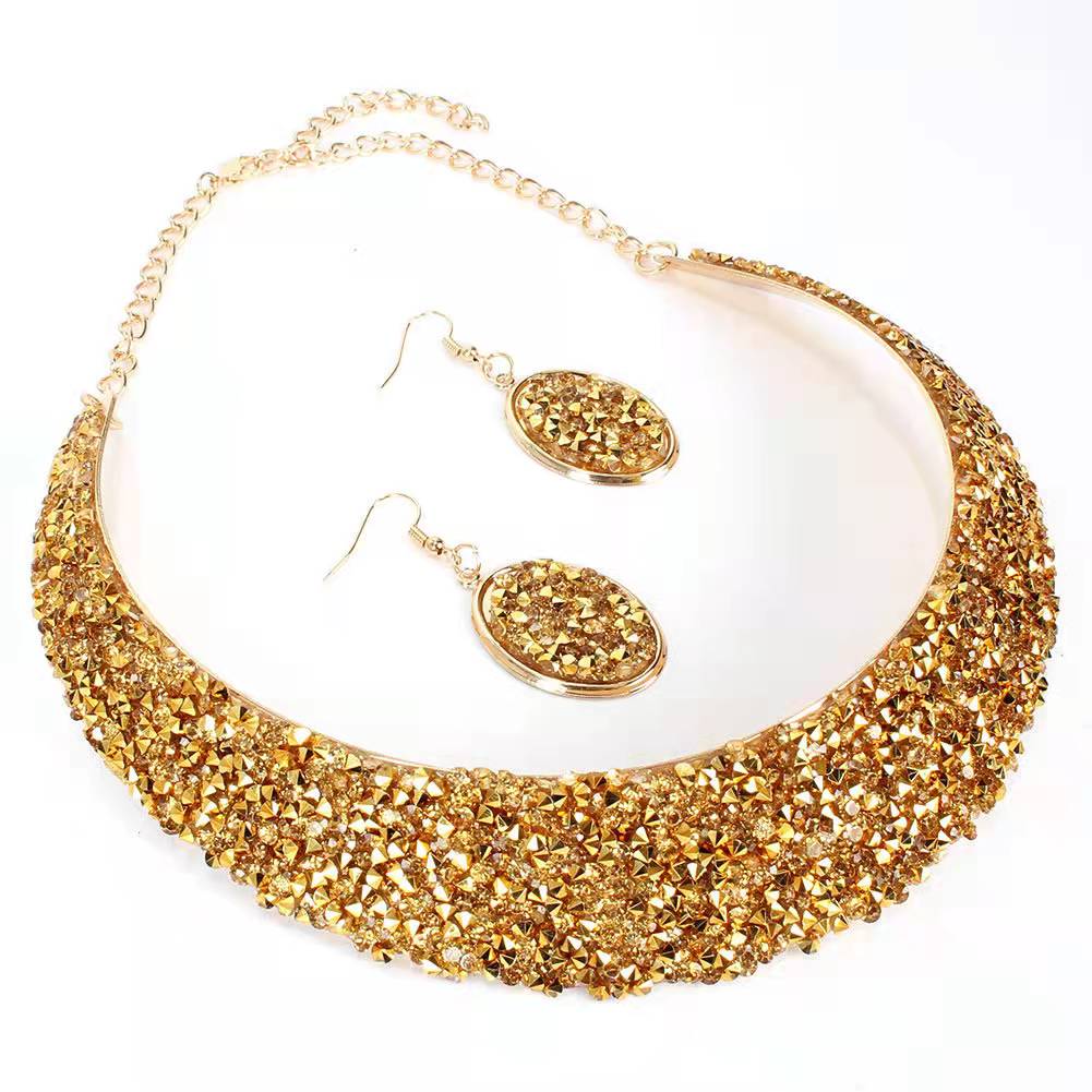 Metal Full Rhinestone Fake Collar Necklace Earrings Necklaces & Pendants MMSHOP 2 pieces/set European and American Fashion  Gold as price