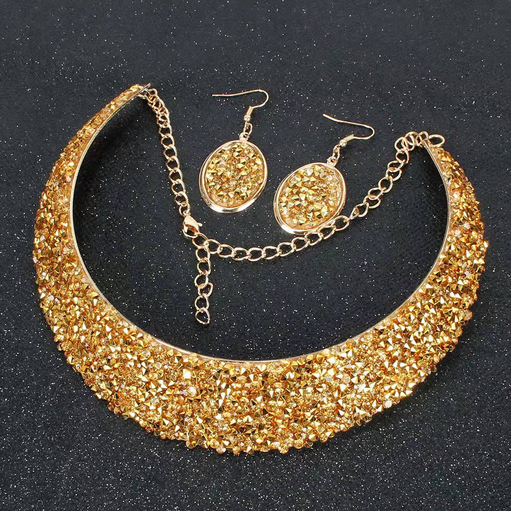 Metal Full Rhinestone Fake Collar Necklace Earrings Necklaces & Pendants MMSHOP 2 pieces/set European and American Fashion  Gold as price