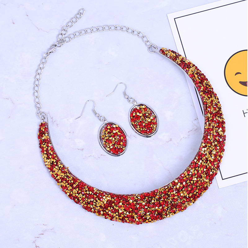 Metal Full Rhinestone Fake Collar Necklace Earrings Necklaces & Pendants MMSHOP 2 pieces/set European and American Fashion  Gold as price