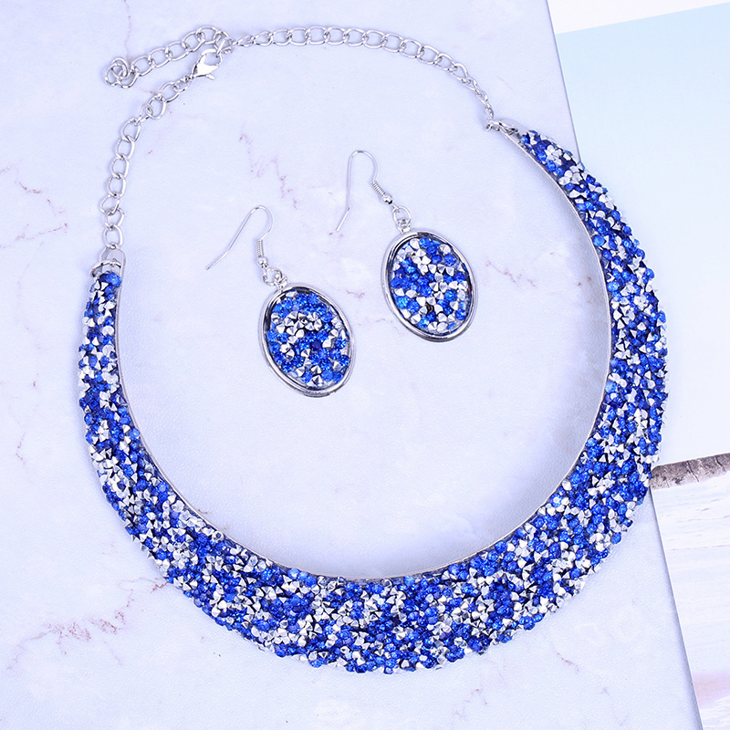Metal Full Rhinestone Fake Collar Necklace Earrings Necklaces & Pendants MMSHOP 2 pieces/set European and American Fashion  Gold as price