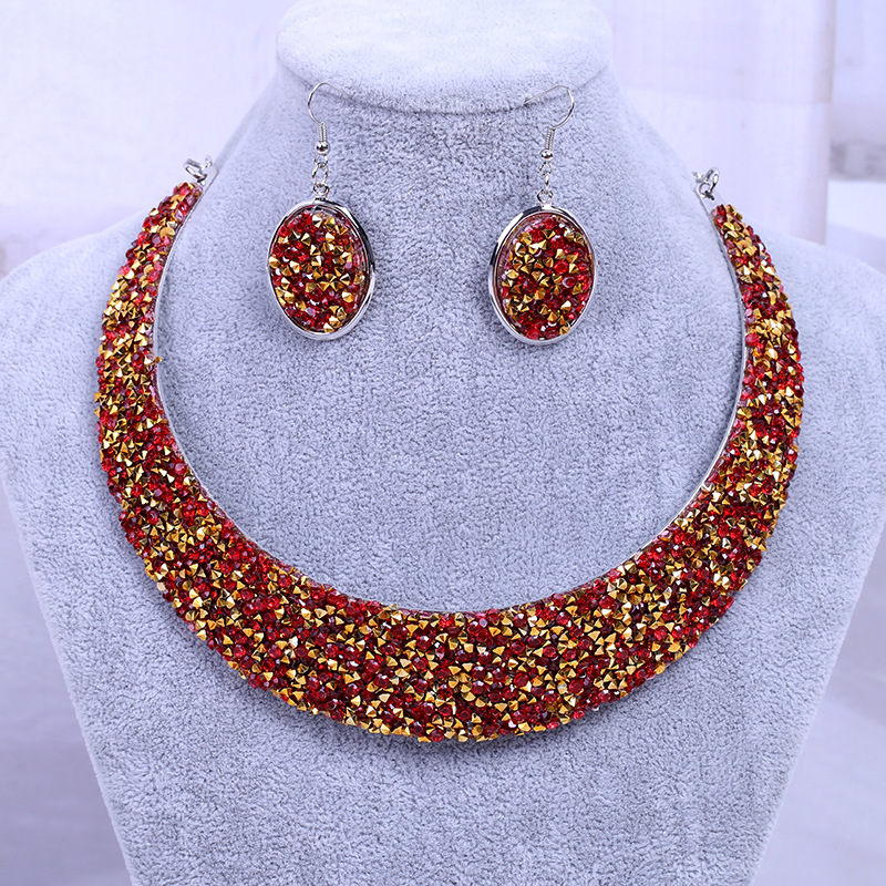 Metal Full Rhinestone Fake Collar Necklace Earrings Necklaces & Pendants MMSHOP 2 pieces/set European and American Fashion  Gold as price